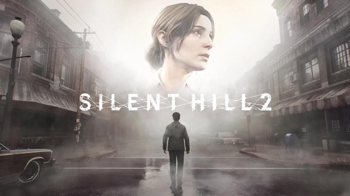 A Silent Hill 2 videójáték borítóképe, amelyen egy ködös, elhagyatott utcán háttal álló férfi alakja látható, felette pedig egy nő arca lebeg a ködben, középen a játék címével.