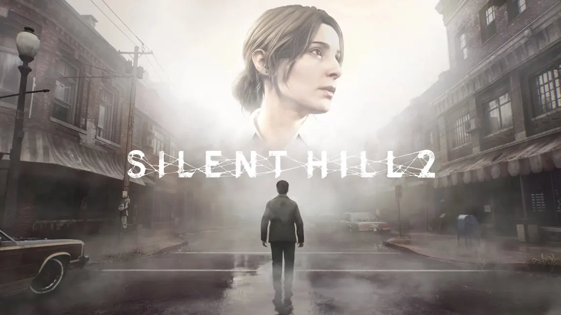 A Silent Hill 2 videójáték borítóképe, amelyen egy ködös, elhagyatott utcán háttal álló férfi alakja látható, felette pedig egy nő arca lebeg a ködben, középen a játék címével.