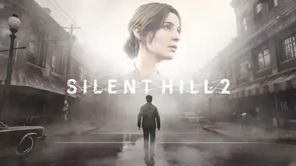 A Silent Hill 2 videójáték borítóképe, amelyen egy ködös, elhagyatott utcán háttal álló férfi alakja látható, felette pedig egy nő arca lebeg a ködben, középen a játék címével.