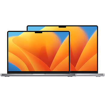 Két szürke laptop, narancssárga absztrakt mintával a képernyőn, világos háttér előtt.