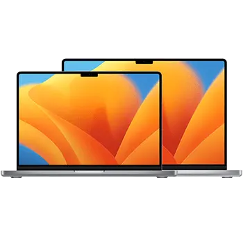 Két szürke laptop, narancssárga absztrakt mintával a képernyőn, világos háttér előtt.