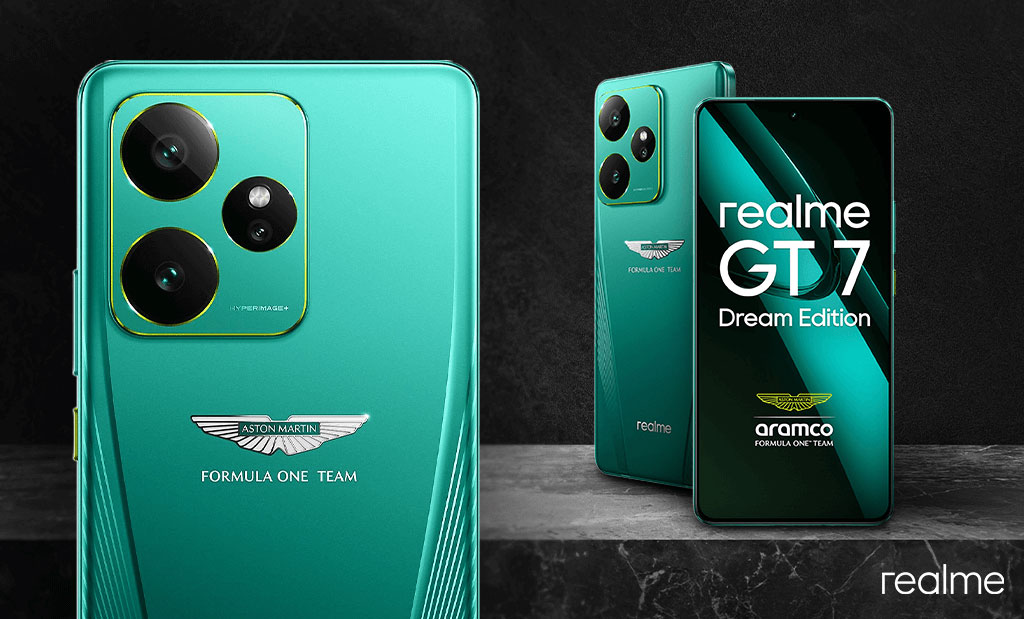 Zöld színű Realme GT7 Dream Edition okostelefon Aston Martin Formula One Team dizájnnal, hátlapi kameramodullal és elegáns, sötét háttér előtt megjelenítve.