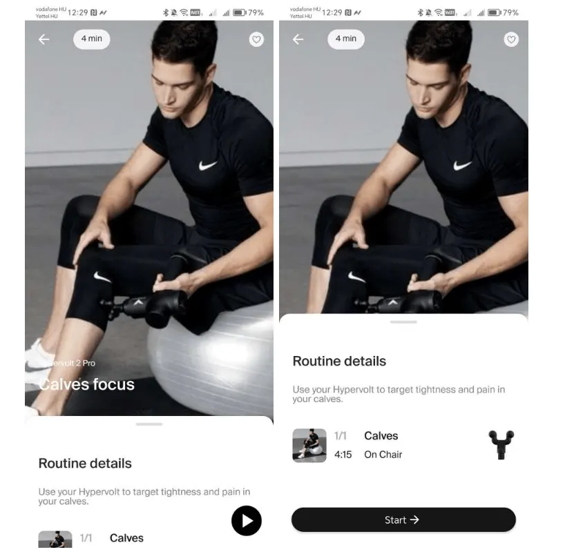 Két képernyőkép a Hyperice applikációból, amely egy 4 perces, vádliizomzatra fókuszáló masszázsprogram részleteit és indítófelületét mutatja.