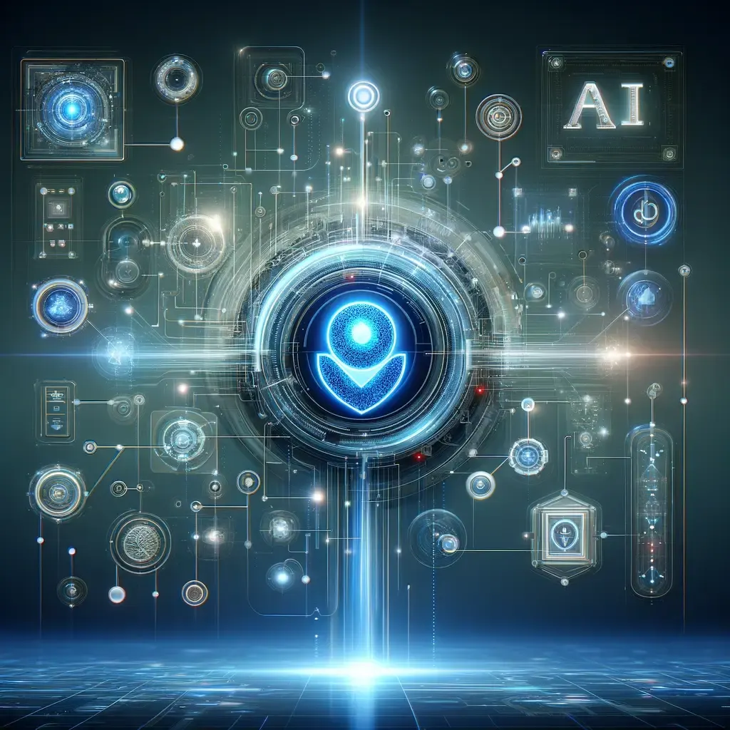 Kékesen világító, pajzsra vagy helyzetjelzőre emlékeztető digitális ikon egy futurisztikus kezelőfelület közepén, „AI” felirattal a jobb felső sarokban.
