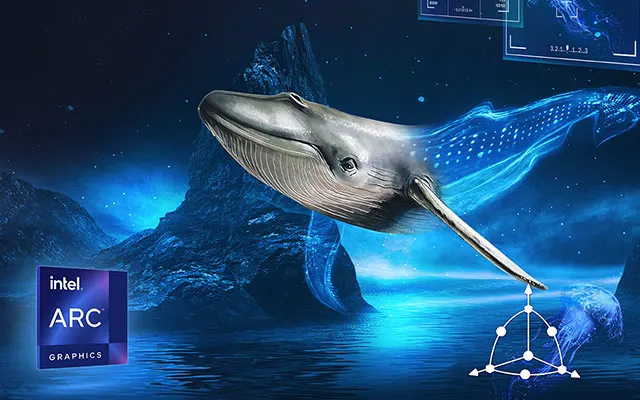 Kék háttér előtt egy bálna úszik, mögötte hegyek. Balra lent egy Intel Arc Graphics doboz látható.