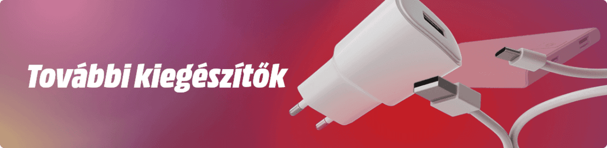 Lila-piros háttér előtt fehér töltőfej, kábelek és külső akkumulátor látható, "További kiegészítők" felirattal.