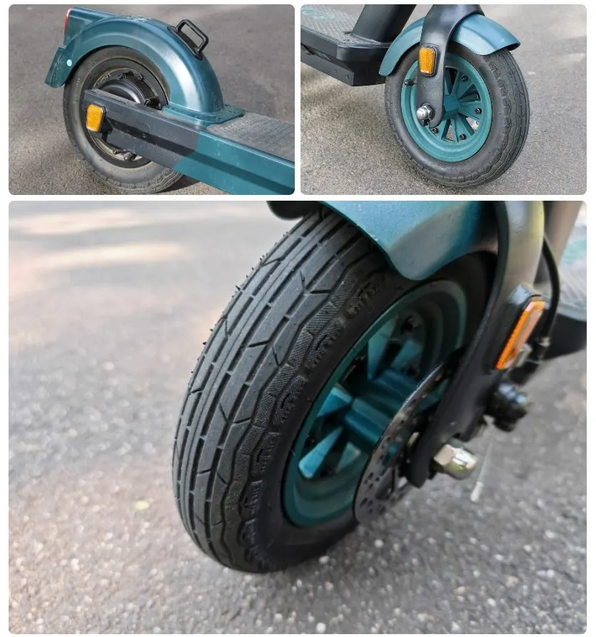 A SoFlow SO4 Pro Gen 2 elektromos roller kerekeit, abroncsait és fékrendszerét bemutató képmontázs látható, amelyen jól megfigyelhető a mintázott gumiabroncs és a tárcsafék szerkezete.