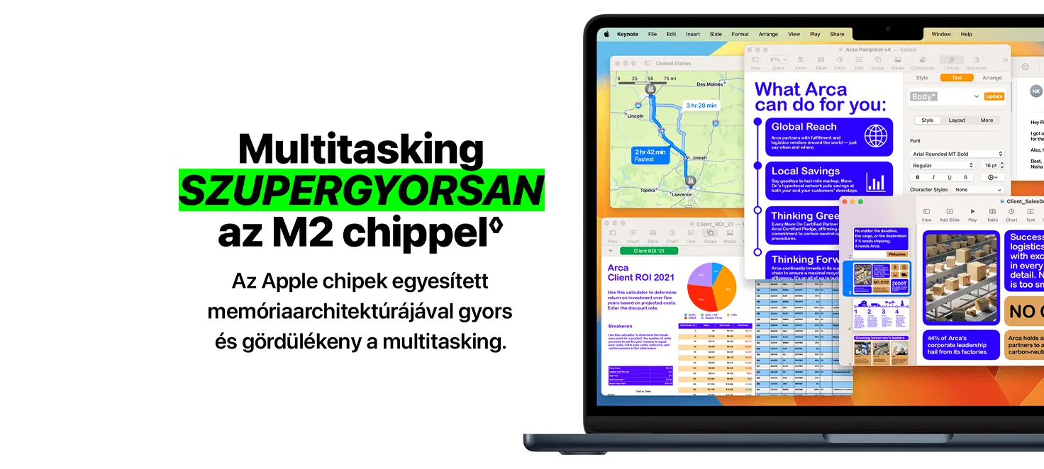 Laptop képernyőjén több ablak látható, köztük térkép, grafikonok és szöveges dokumentumok. A képernyőn a "Multitasking SZUPERGYORSAN az M2 chippel" szöveg is látható.