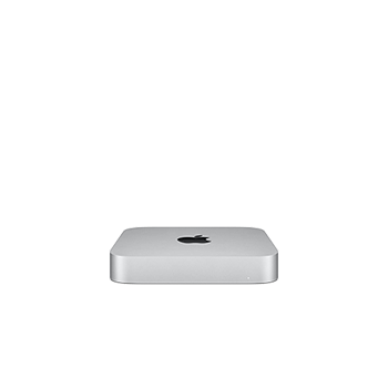 Ezüstszínű Mac Mini számítógép látható fehér háttér előtt, az Apple logóval a tetején.