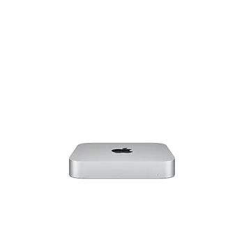 Ezüstszínű Mac Mini számítógép látható fehér háttér előtt, az Apple logóval a tetején.