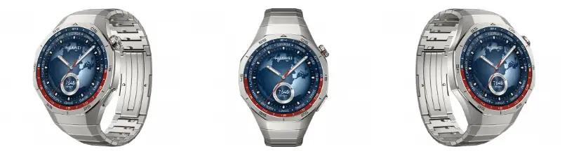 Három darab ezüstszínű Huawei Watch GT 5 Pro okosóra látható egymás mellett különböző szögekből fotózva, fémszíjjal és kék, világtérképes számlappal.