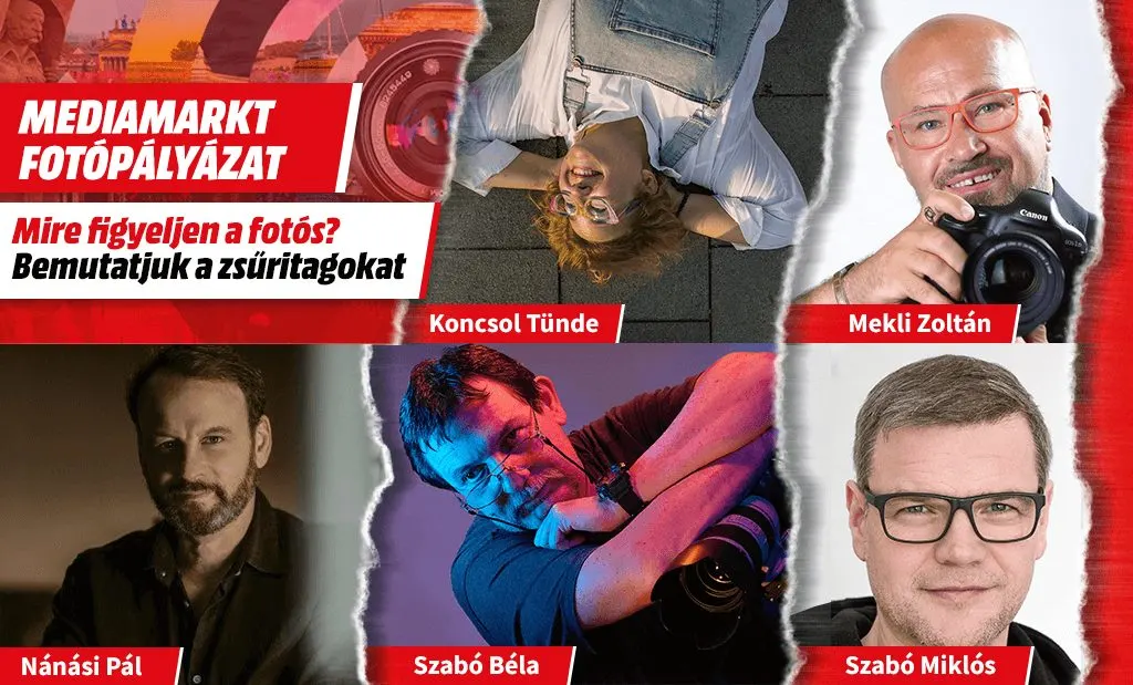 MediaMarkt fotópályázat zsűritagjai: Koncsol Tünde, Mekli Zoltán, Nánási Pál, Szabó Béla és Szabó Miklós portréi egy piros-fehér grafikán.