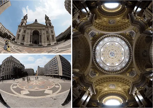 Montázs: bazilika, tér épületekkel, kupola díszes belsővel, mindegyik halszemoptikával fotózva.