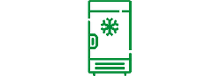 Zöld hűtőszekrény ikon fehér alapon, rajta hópehely szimbólummal és vízszintes vonalakkal az alján.