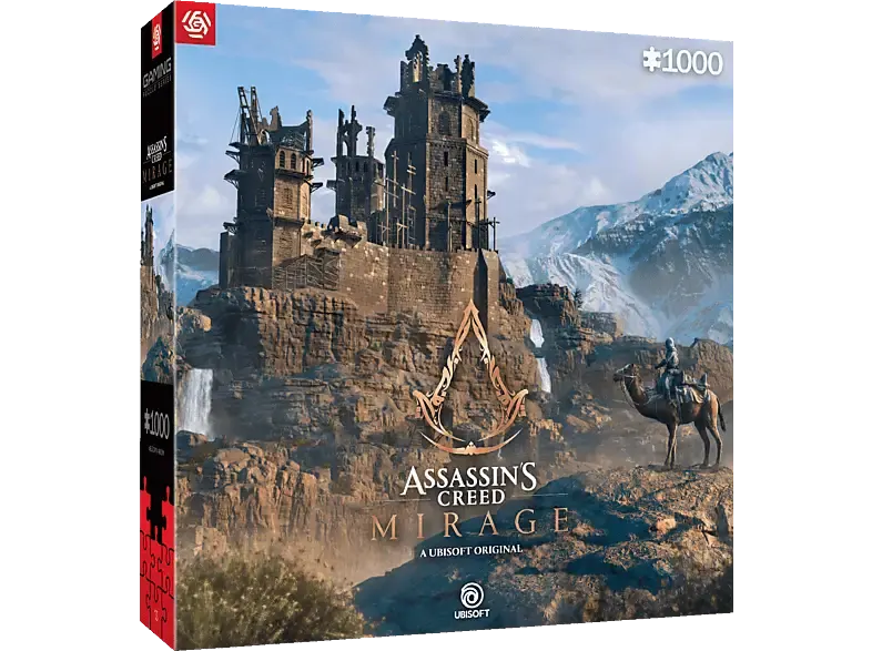 Az Assassin's Creed Mirage videójáték 1000 darabos puzzle-jének doboza, amelyen egy hatalmas sivatagi erőd és egy tevén lovagló alak látható a háttérben hófödte hegyekkel.