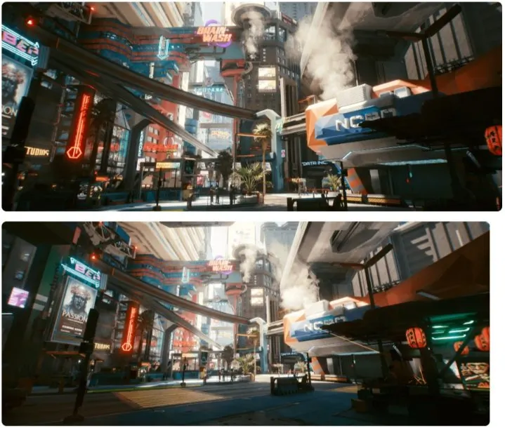 Cyberpunk 2077 városkép összehasonlítás a 2.jpg képen: a felső képen a sötétebb árnyékok, az alsón a világosabb fények láthatók.