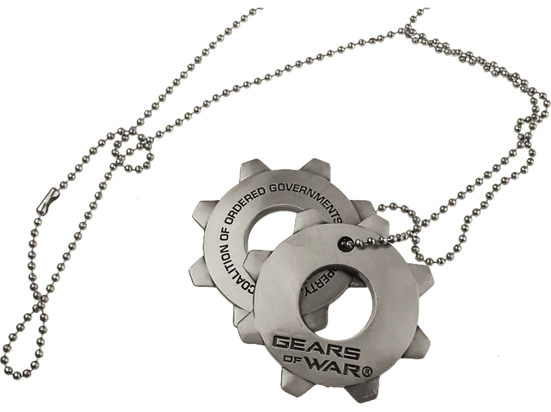 Gears of War dögcédula nyaklánc golyós láncon, két fém fogaskerék alakú medállal, rajtuk „Gears of War” és „Coalition of Ordered Governments” felirattal.