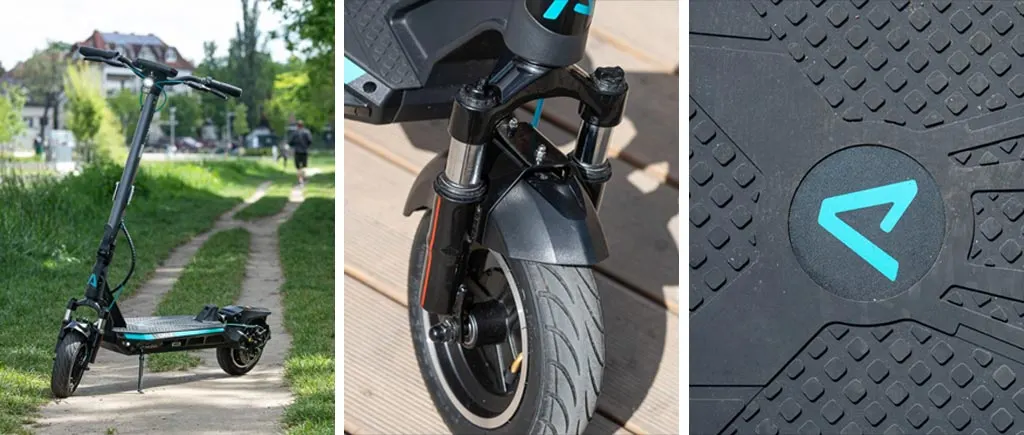 Háromosztatú fotó a Lamax eRacer SC50 rollerről: egy parki földúton álló roller, egy közeli kép az első kerékről a teleszkóppal és sárvédővel, valamint a csúszásgátló gumi taposó Lamax logója.