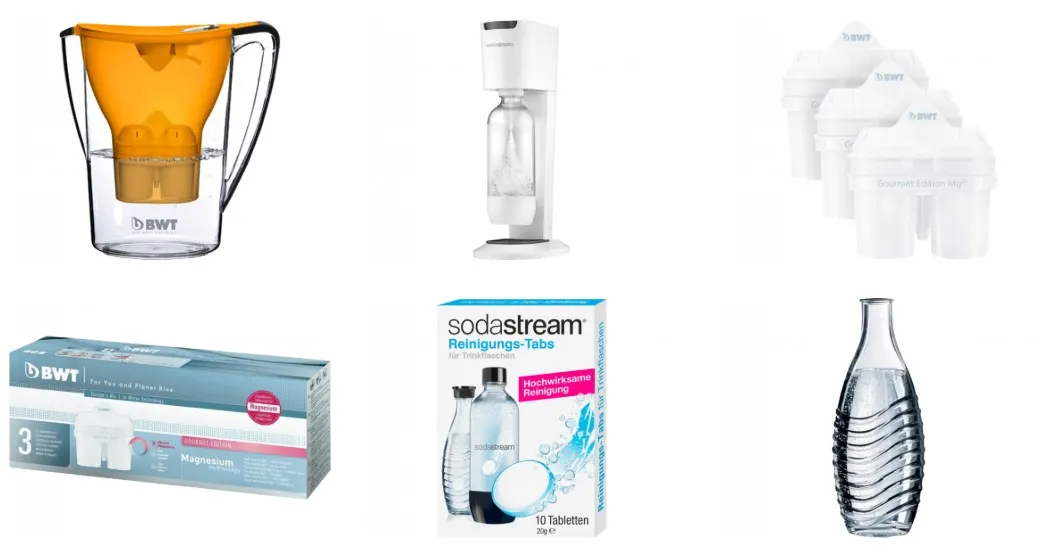 BWT vízszűrő kancsó, szűrőbetétek és SodaStream szódagép kiegészítőkkel.