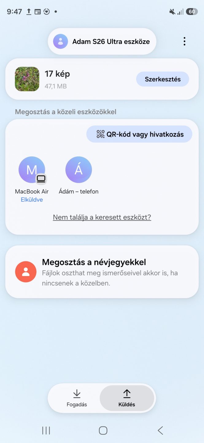 Samsung Quick Share fájlmegosztó felület képernyőképe képek küldéséhez.