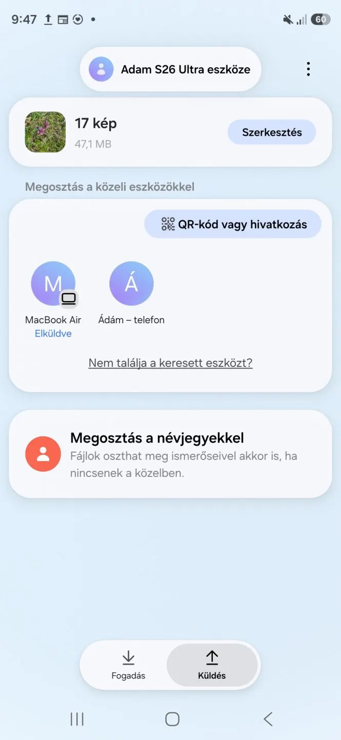 Samsung Quick Share fájlmegosztó felület képernyőképe képek küldéséhez.