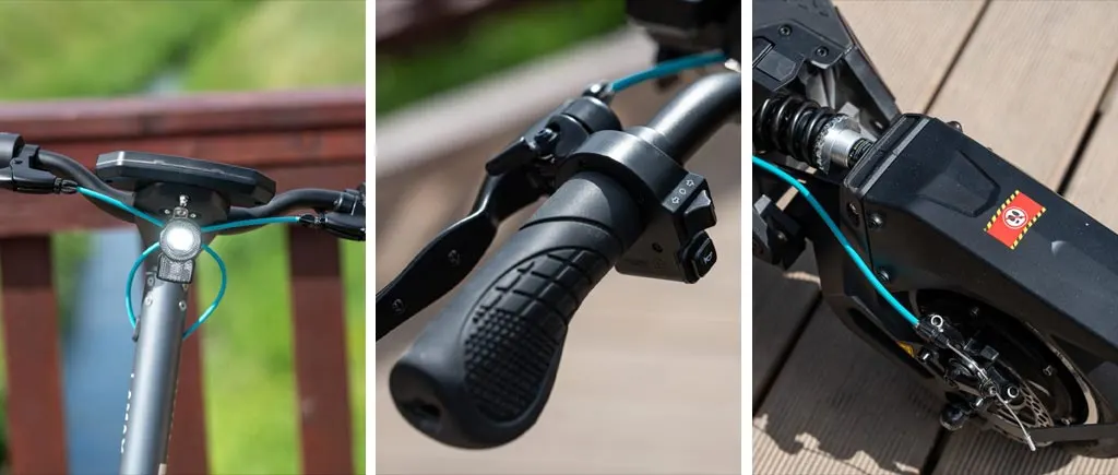 Részletfotók a Lamax eRacer SC50 rollerről: balra a bekapcsolt első LED fényszóró, középen a texturált gumi markolat az indexkapcsolóval és dudával, jobbra pedig a hátsó lengéscsillapító és tárcsafék.