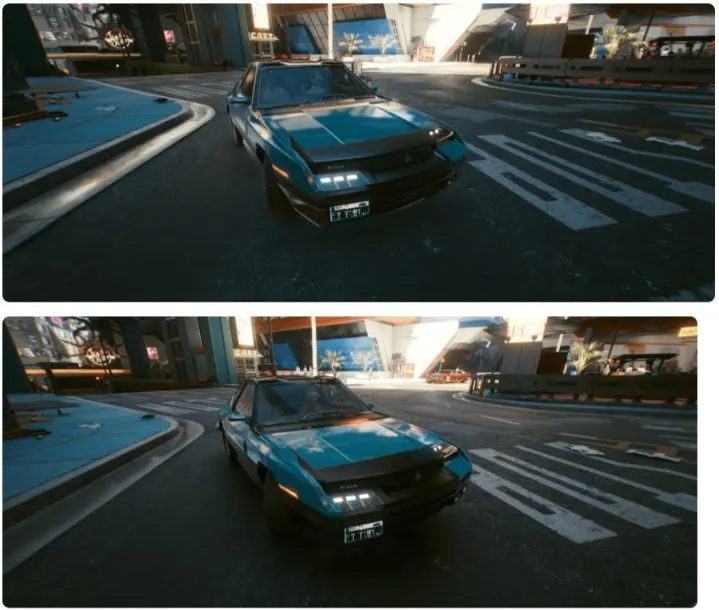Cyberpunk 2077 autó összehasonlítás a 3.jpg képen: a felső képen élesebb tükröződések, az alsón lágyabb árnyékok láthatók.