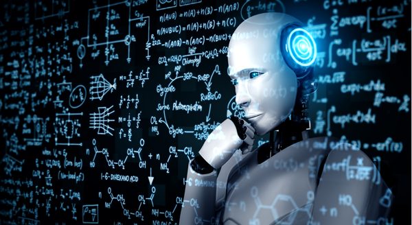 Humanoid mesterséges intelligencia robot matematikai képletekkel teli digitális háttér előtt.