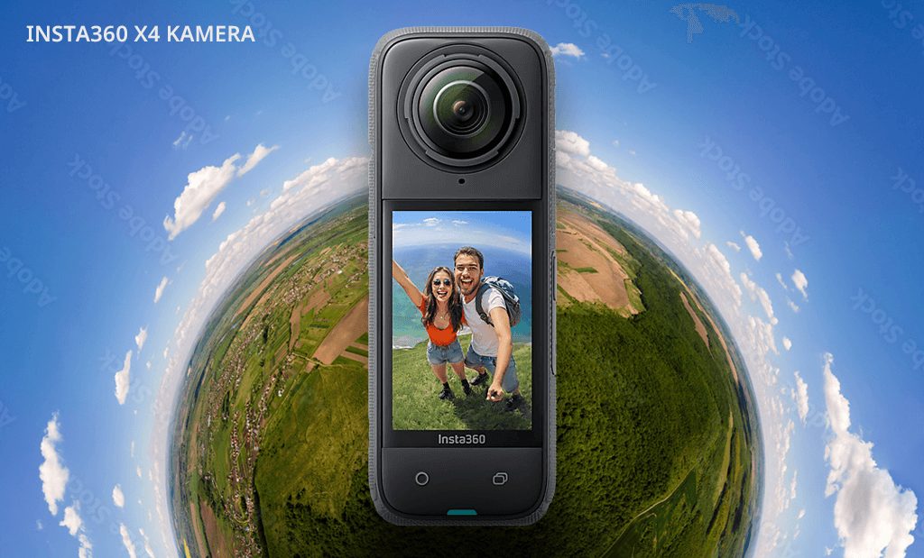 Insta360 X4 360 fokos akciókamera látványos panoráma háttérrel és szelfi nézettel a kijelzőn.