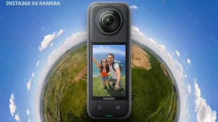 Insta360 X4 360 fokos akciókamera látványos panoráma háttérrel és szelfi nézettel a kijelzőn.
