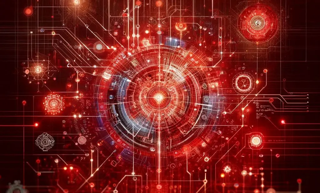 Vörösen világító, futurisztikus áramköri rendszer közepén egy nagy, körkörös, gépies és digitális elemekből álló mag látható.