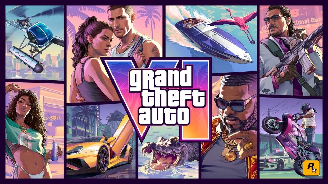 Grand Theft Auto VI promókép kollázs Vice City hangulatú jelenetekkel, középen GTA VI logóval, körülötte szereplőkkel, járművekkel, helikopterrel, motorcsónakkal és neonfényes városi elemekkel.