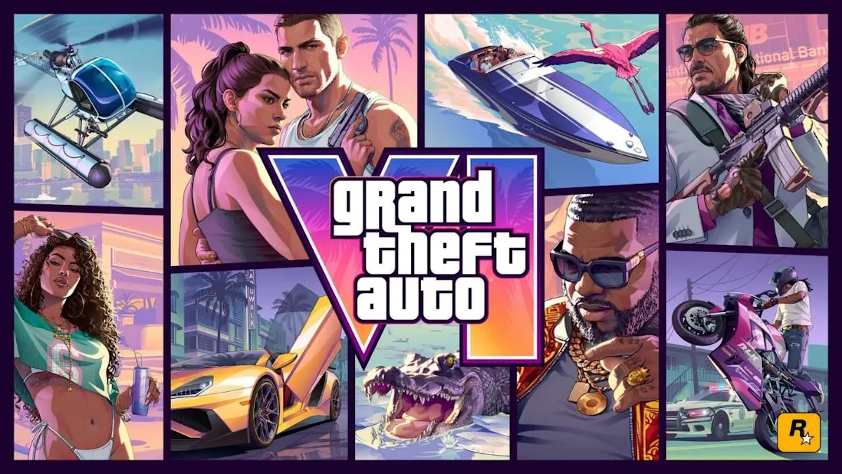 Grand Theft Auto VI promókép kollázs Vice City hangulatú jelenetekkel, középen GTA VI logóval, körülötte szereplőkkel, járművekkel, helikopterrel, motorcsónakkal és neonfényes városi elemekkel.