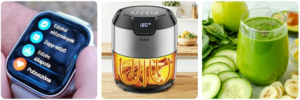 Okosóra fitnesz menüvel, Tefal air fryerben sülő egész csirke és egészséges zöld smoothie uborkával az egészséges életmódért.