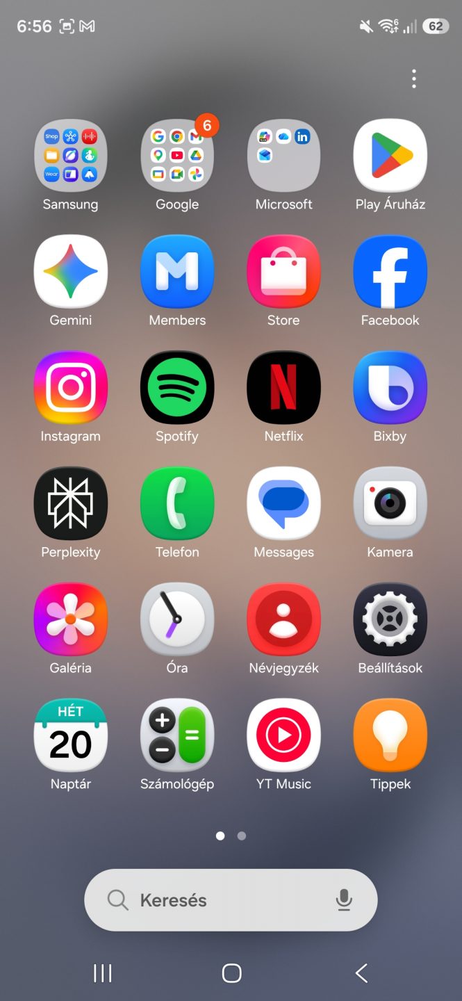Samsung Galaxy alkalmazásmenü képernyőképe az előre telepített és letöltött appok ikonjaival.