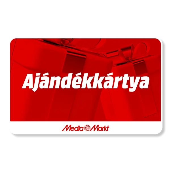 Piros Media Markt ajándékkártya fehér felirattal és ajándékdobozok képével.