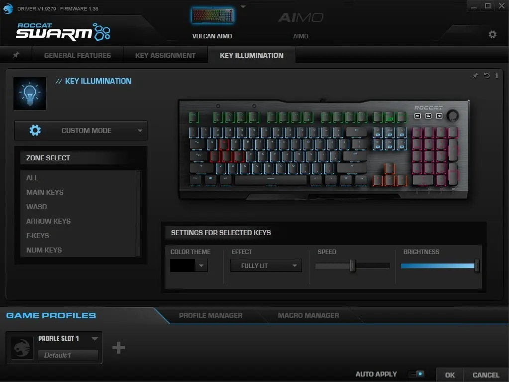 A Roccat Swarm szoftver kezelőfelülete a Vulcan AIMO billentyűzet RGB világításának, gombkiosztásának és profiljainak testreszabásához.