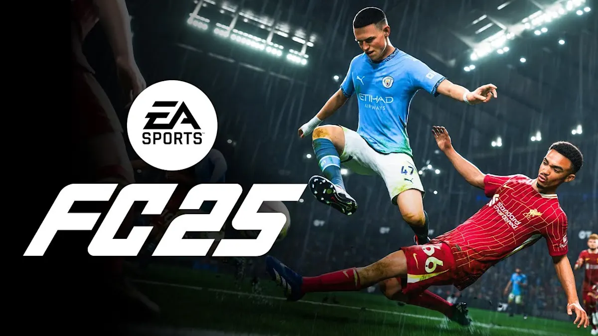 Az EA Sports FC 25 videójáték promóciós képe, amelyen Phil Foden (Manchester City) cselez el Trent Alexander-Arnold (Liverpool) mellett egy kivilágított futballpályán, bal oldalon a játék logójával.