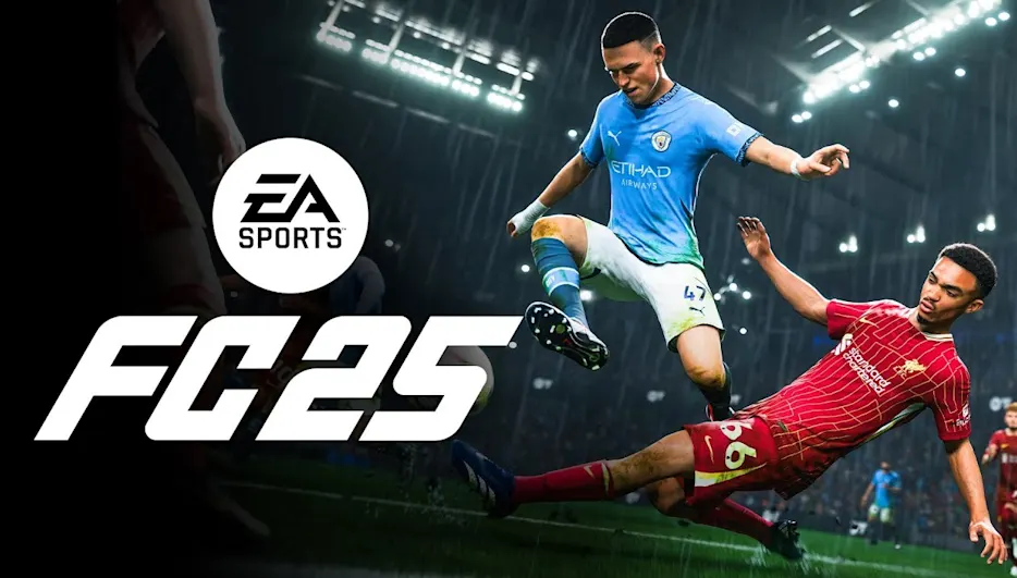 Az EA Sports FC 25 videójáték promóciós képe, amelyen Phil Foden (Manchester City) cselez el Trent Alexander-Arnold (Liverpool) mellett egy kivilágított futballpályán, bal oldalon a játék logójával.