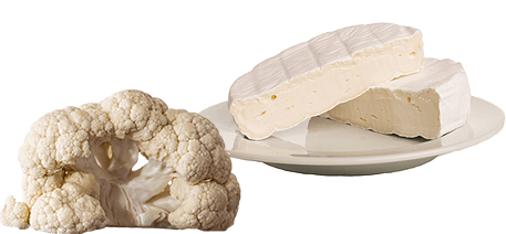 Karfiol rózsája és két szelet brie sajt fehér tányéron, fehér háttér előtt.