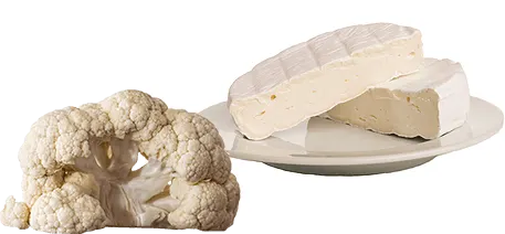 Karfiol rózsája és két szelet brie sajt fehér tányéron, fehér háttér előtt.