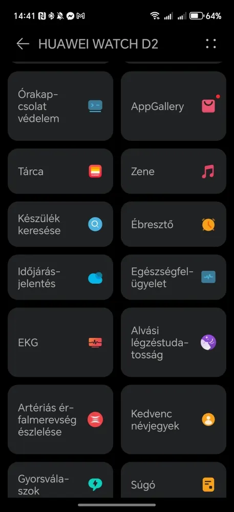Sötét témájú Huawei Watch D2 menü, rácsos elrendezéssel, különféle appokkal és egészségkövető funkciókkal.
