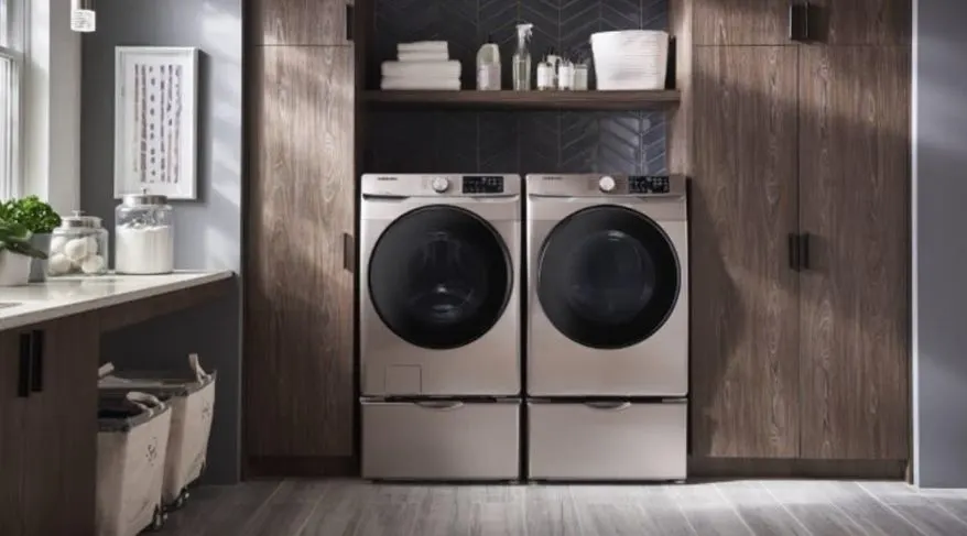 Ezüst Samsung mosógép és szárítógép egymás mellett egy elegáns, fa bútoros mosókonyhában. Modern elöltöltős mosó-szárító készülékek.