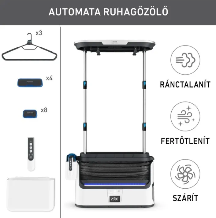 Tefal Care For You automata ruhagőzölő tartozékai és fő funkciói: ránctalanítás, fertőtlenítés és szárítás.