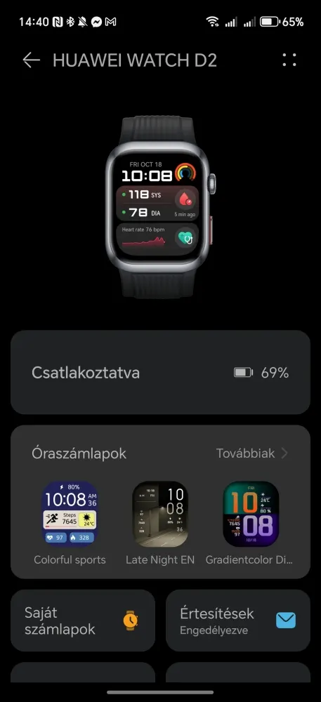 Huawei Watch D2 kezelőfelület, középen óra képe, alul számlapok és értesítési beállítások.
