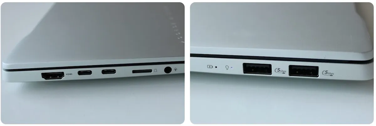 Az ASUS Vivobook S 15 vékony profilja oldalról, bemutatva a csatlakozókat és a fémvázas kialakítást.