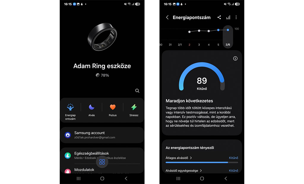 Samsung Galaxy Ring szoftveres funkciók: energiapontszám kijelzése, alváselemzés és eszközkezelés a Samsung Health alkalmazásban.