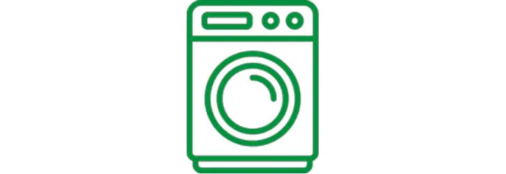 Zöld vonalas mosógép ikon fehér háttéren, előlappal és vezérlőpanelekkel a tetején.