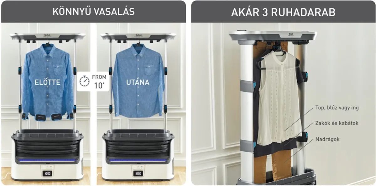 Tefal Care For You ruhagőzölő szekrény eredménye: kék ing előtte-utána állapota és 3 ruhadarab egyidejű gőzölése.