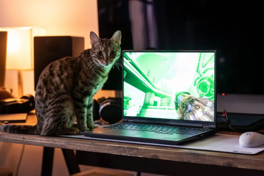 Egy cirmos macska ül az asztalon egy nyitott Lenovo laptop mellett, amelynek kijelzőjén egy zöldes belső nézetű lövöldözős játék fut.